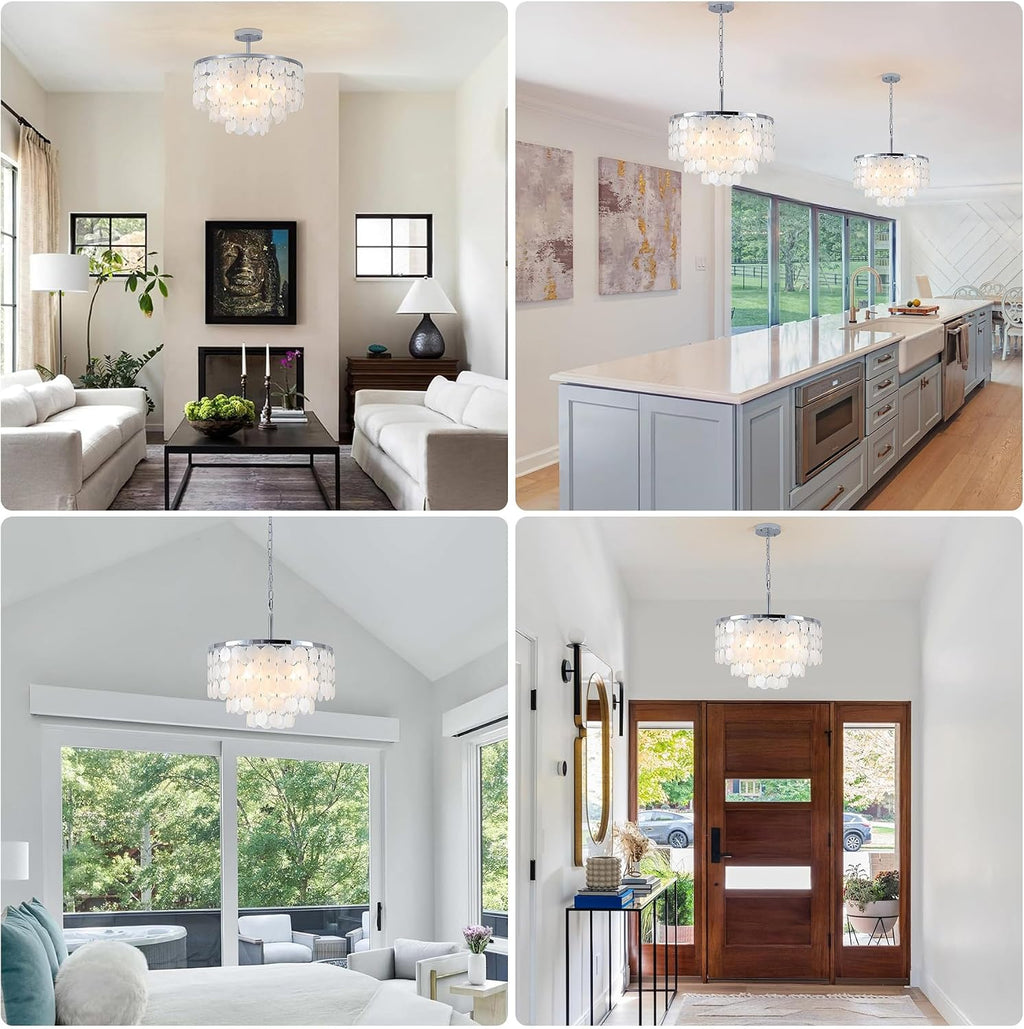17.72' Capiz Shell Chandelier, 5 Light Chrome Dining Room Light Fixture, Modern Natural Coastal Seashell Chandeliers for Living Room Bedroom Foyer Bathroom (White Seashell Lighting Fixtures)