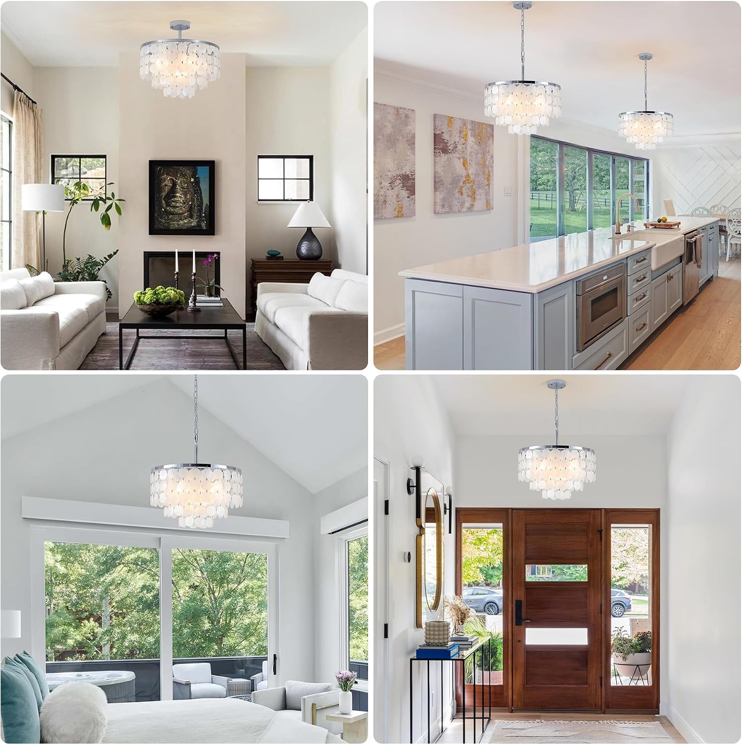 17.72' Capiz Shell Chandelier, 5 Light Chrome Dining Room Light Fixture, Modern Natural Coastal Seashell Chandeliers for Living Room Bedroom Foyer Bathroom (White Seashell Lighting Fixtures)