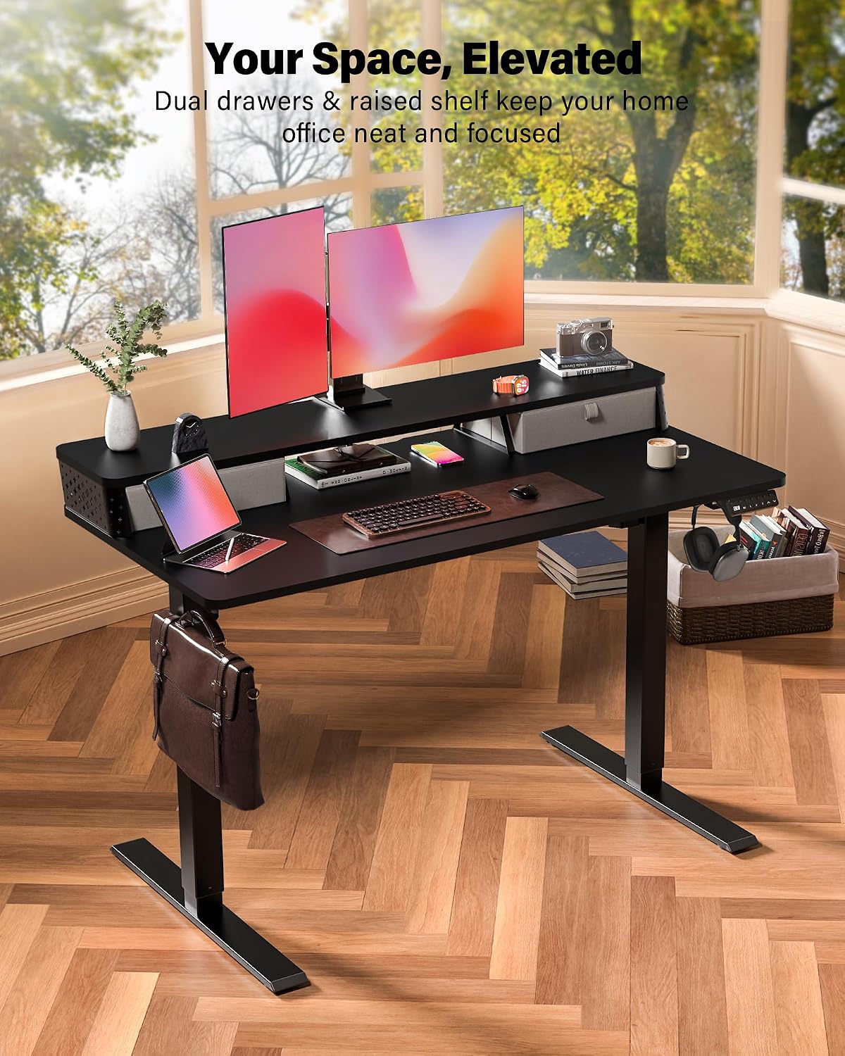 FiCiHi 48x24 Inch Standing Desk with Drawers, C-Clamp Mount Compatible, Electric Adjustable Height Computer Stand Up Desks, Home Office Sit Stand Table with 3 Preset Heights, Black