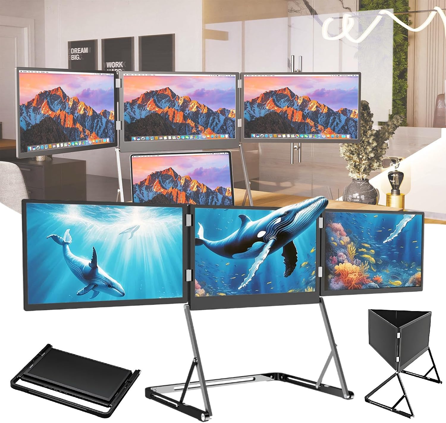 15.6 in Portable Laptop Screen Extender – 1080p FHD Tri-Fold Monitor, 360° Rotatable Stand, Adjustable Viewing Angles, Compatible with Window & macOS