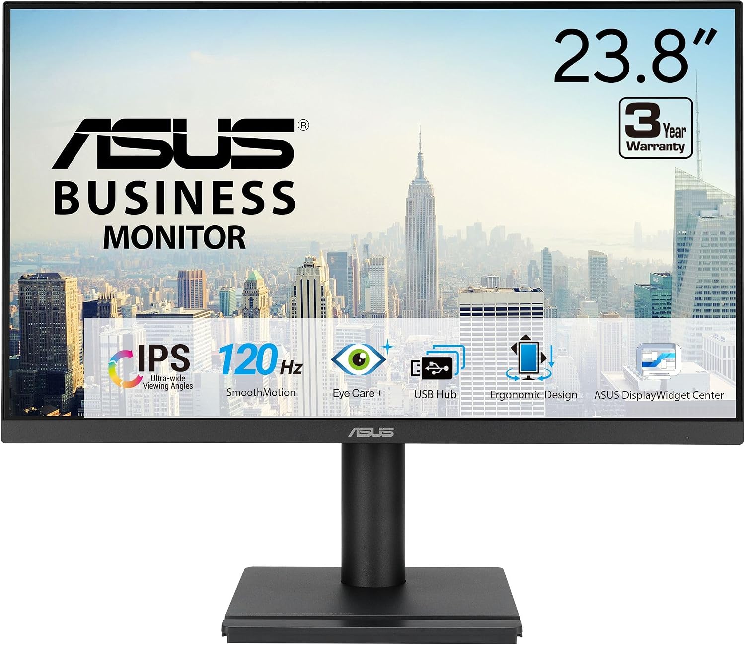 ASUS 24' 1080P Business Monitor (VA249QGS) - IPS, Full HD, Frameless, 120Hz, Adaptive-Sync, 1ms, HDMI, DisplayPort, VGA, Eye Care, Low Blue Light, Ergonomic, VESA Wall Mountable, 3 yr Warranty