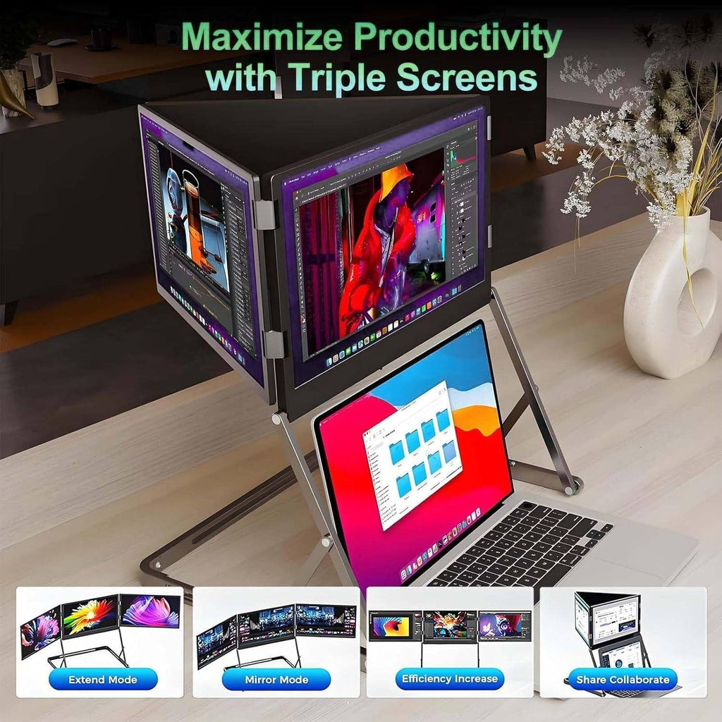 15.6' Laptop Screen Extender, Tri-Screen Monitor for Laptop, 100% sRGB, 1080P FHD IPS Display, HDMIs/USB-C Pulg n Play, Compatible with Mac/Windows/Linux, 360° Rotation Acjustable Viewing Angles