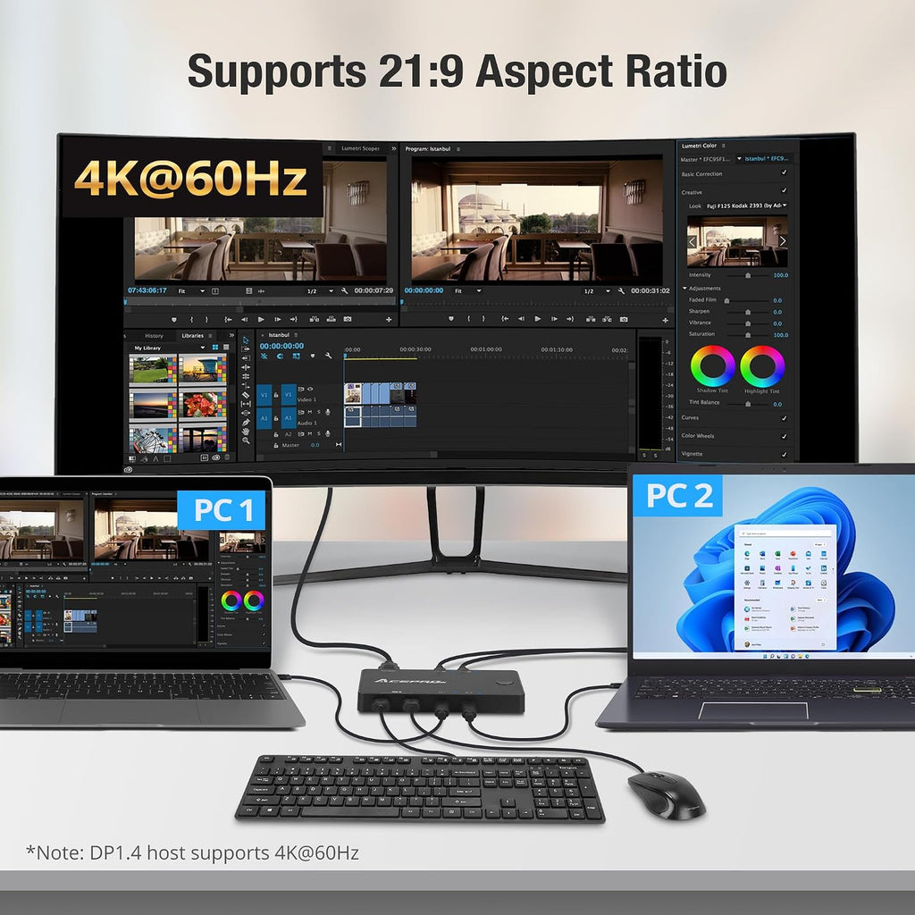 2x1 USB-C 4K60Hz KVM Switch with PD Pass-Through - Selector for 2 Computers Sharing 4K Monitor Keyboard Mouse - Includes 2 Cables for 100W Fast Charging - TAA Compliant