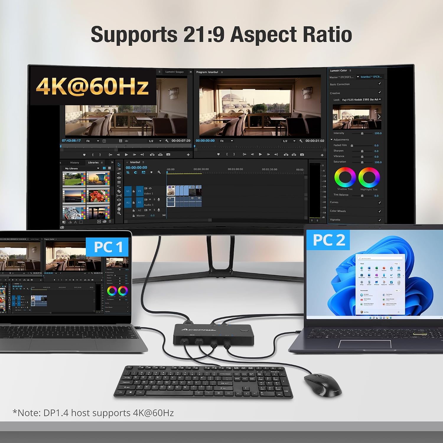 2x1 USB-C 4K60Hz KVM Switch with PD Pass-Through - Selector for 2 Computers Sharing 4K Monitor Keyboard Mouse - Includes 2 Cables for 100W Fast Charging - TAA Compliant