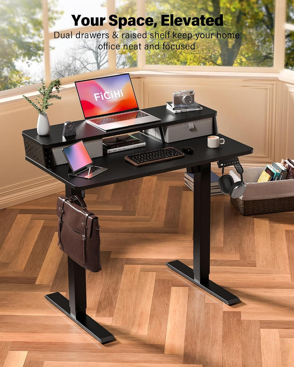 FiCiHi 40x24 Inch Standing Desk with Drawers, C-Clamp Mount Compatible, Electric Adjustable Height Computer Small Stand Up Desks, Home Office Sit Stand Table with 3 Preset Heights, Black
