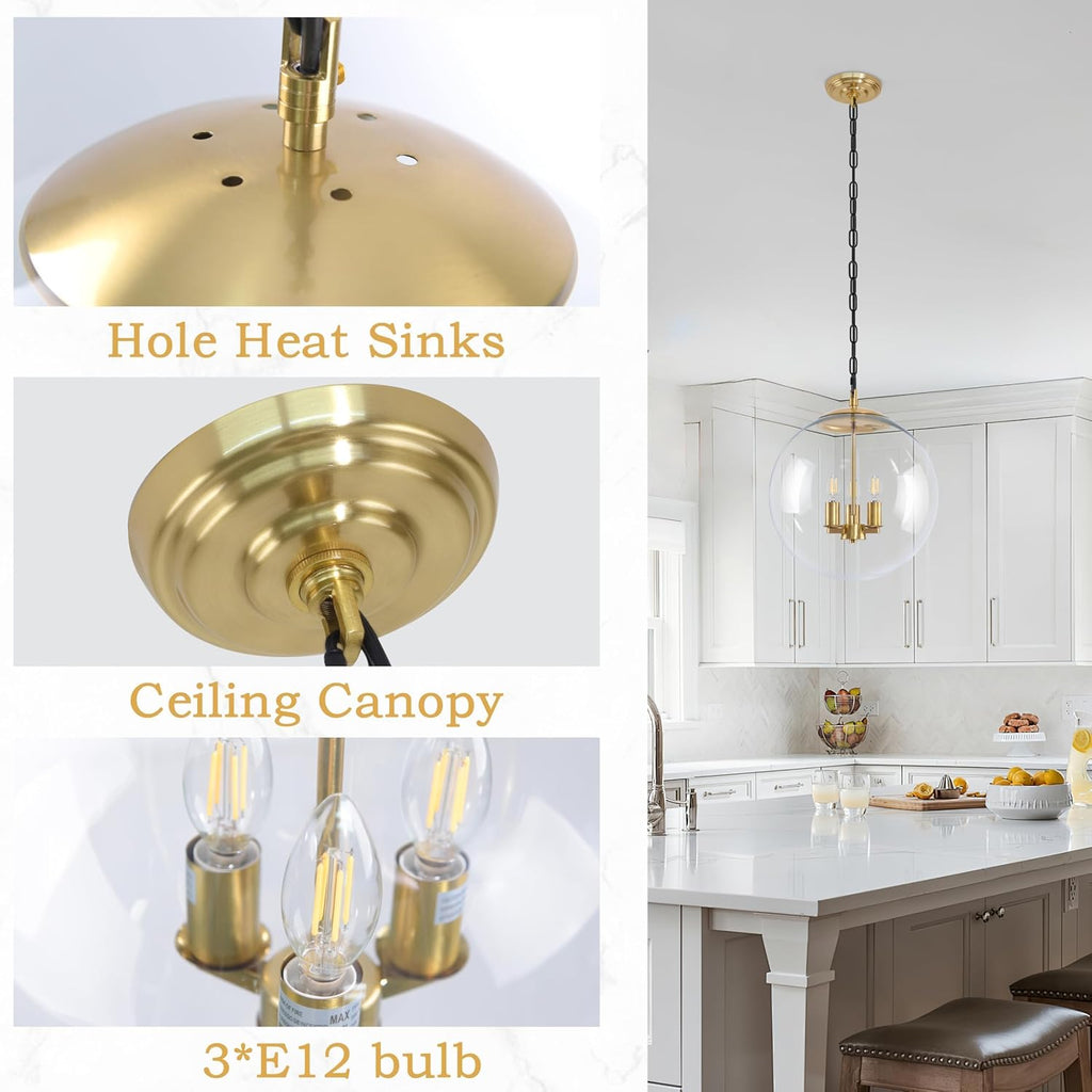 KoKo&Yukina 14' Gold Globe Pendant Light Mid Century Pendant Light Clear Glass Pendant Lights Kitchen Island Adjustable Hanging Light Fixture for Dining Room Bedroom Kitchen Island