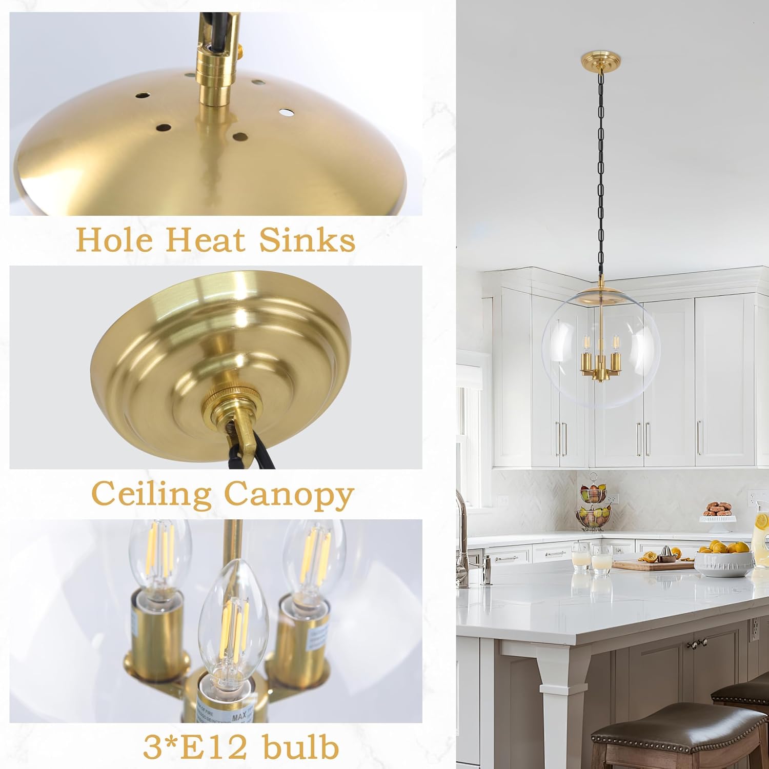 KoKo&Yukina 14' Gold Globe Pendant Light Mid Century Pendant Light Clear Glass Pendant Lights Kitchen Island Adjustable Hanging Light Fixture for Dining Room Bedroom Kitchen Island
