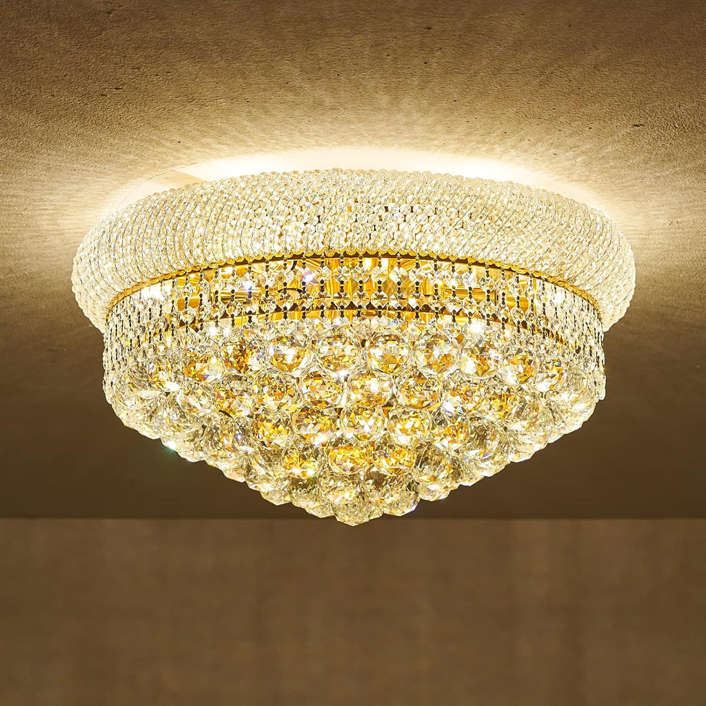 9 - Light Flush Mount Crystal Chandelier for Living Room Dining Room Entryway Hallway Bedroom Foyer Gold Finish