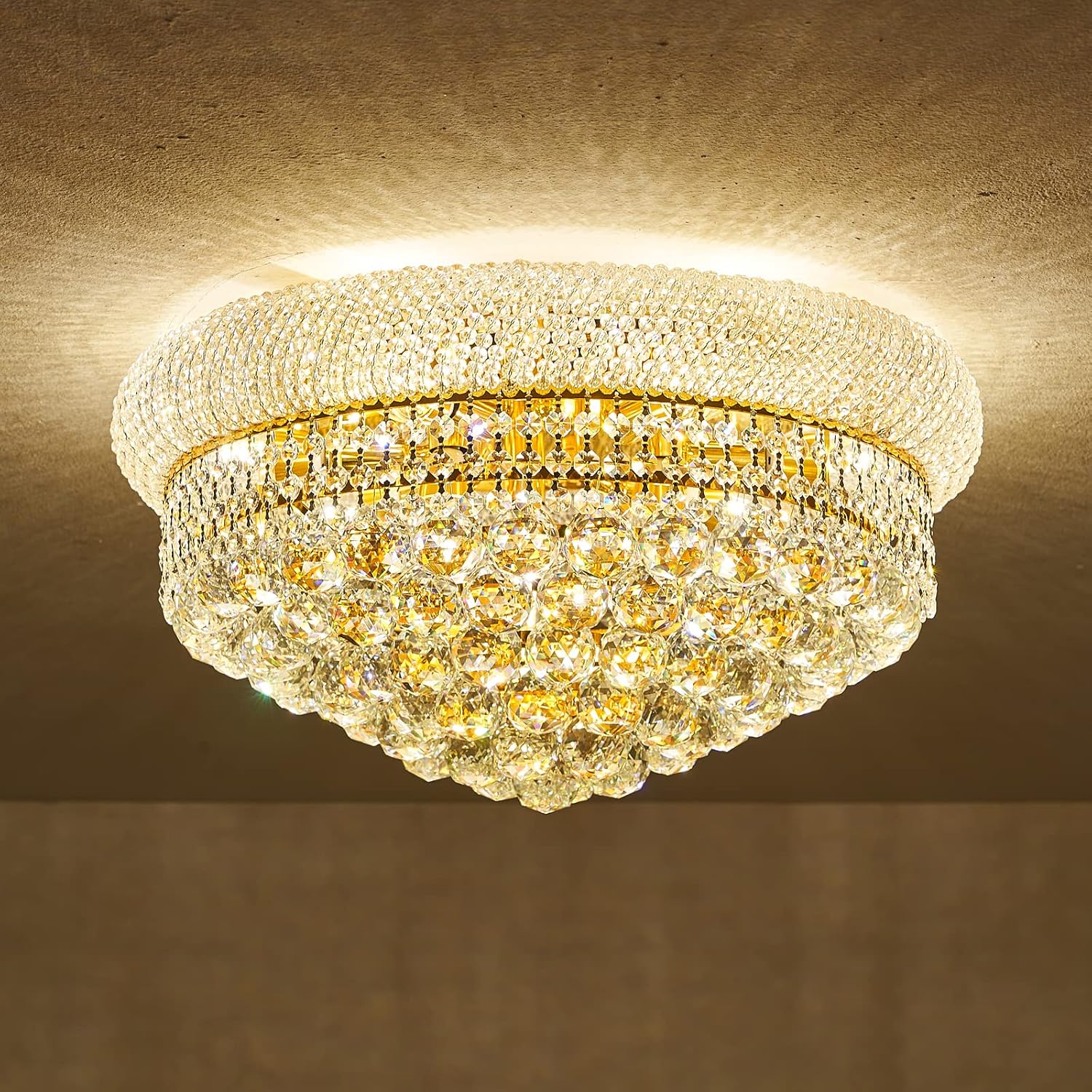 9 - Light Flush Mount Crystal Chandelier for Living Room Dining Room Entryway Hallway Bedroom Foyer Gold Finish