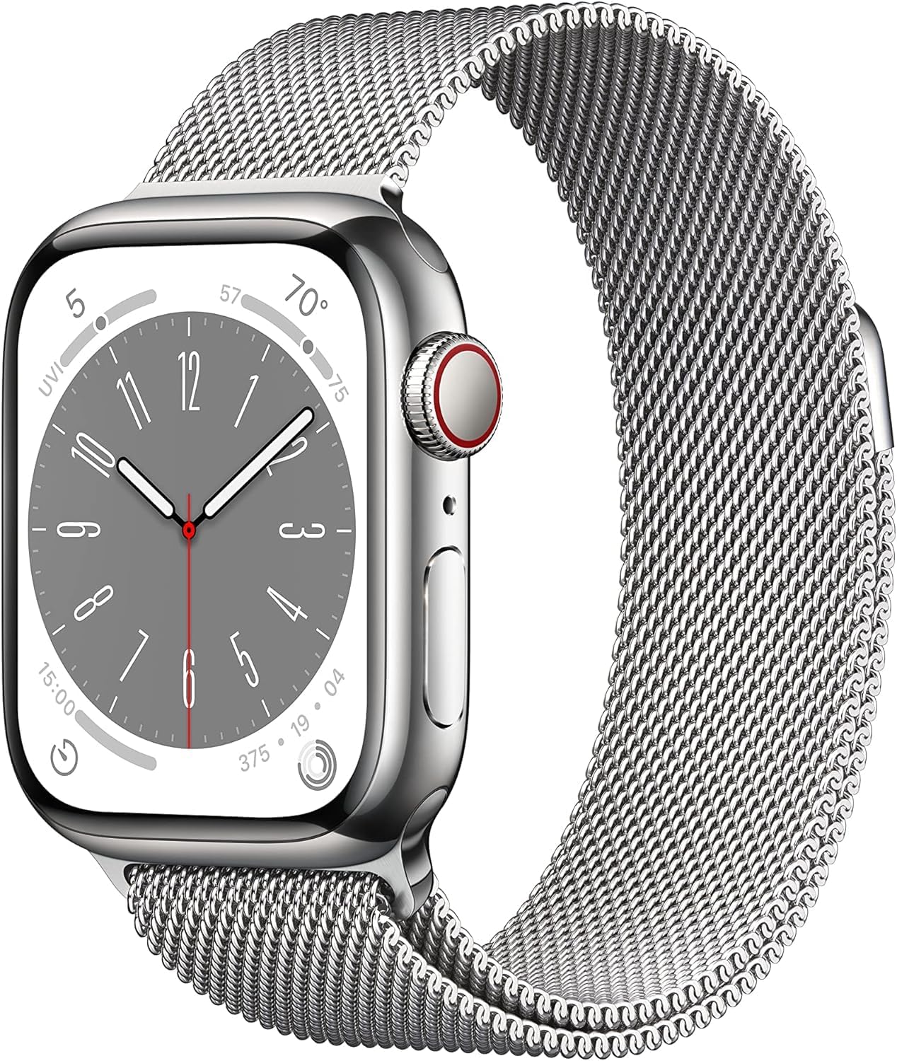 Apple Watch Series 8 [GPS + Cellular, 41mm] - Silver Stainless Steel Case with Silver Milanese Loop, One Size (Renewed)