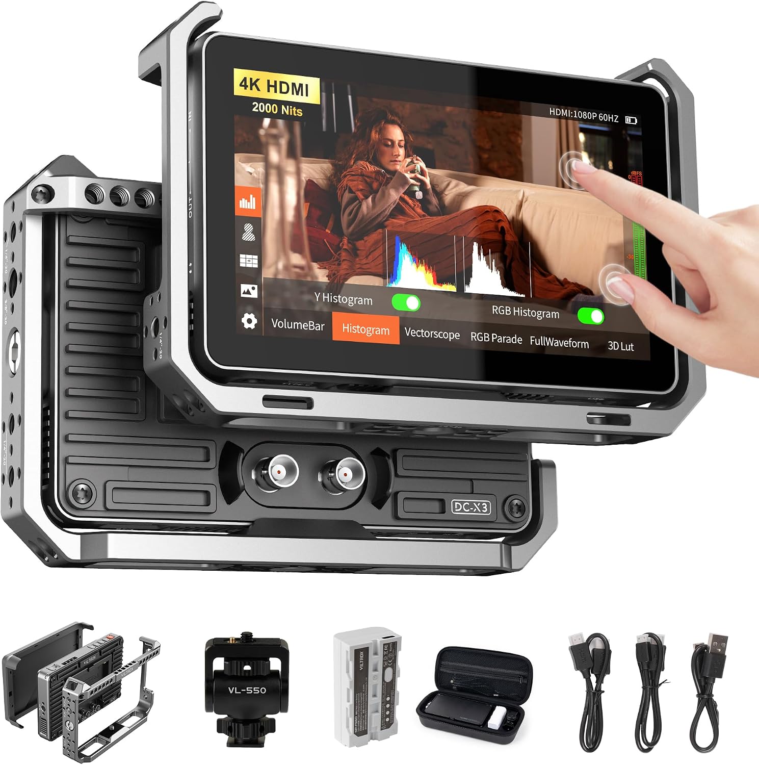 VILTROX DC-X3 2000 Nits SDI Camera Field Monitor Kit with Rig Cage, 4K HDMI 6' Touchscreen On Camera Video Monitor w Sunshade Hood/Battery, 3D Lut 1920X1080 HD Full Waveform Focus Peaking VectorScope
