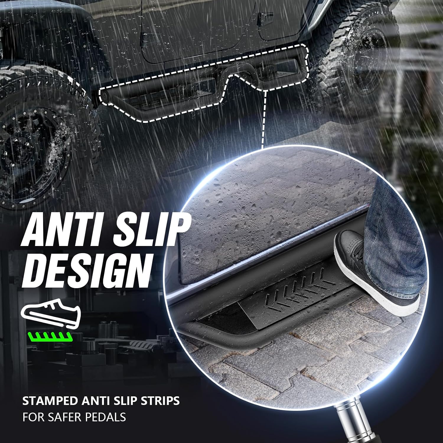 Running Boards Compatible with 2007-2018 Jeep Wrangler JK JKU Unlimited 4 Doors, Two Stairs Design Side Steps Heavy-Duty Steel Nerf Bars Bolt-on Step Plates Rock Sliders Rail