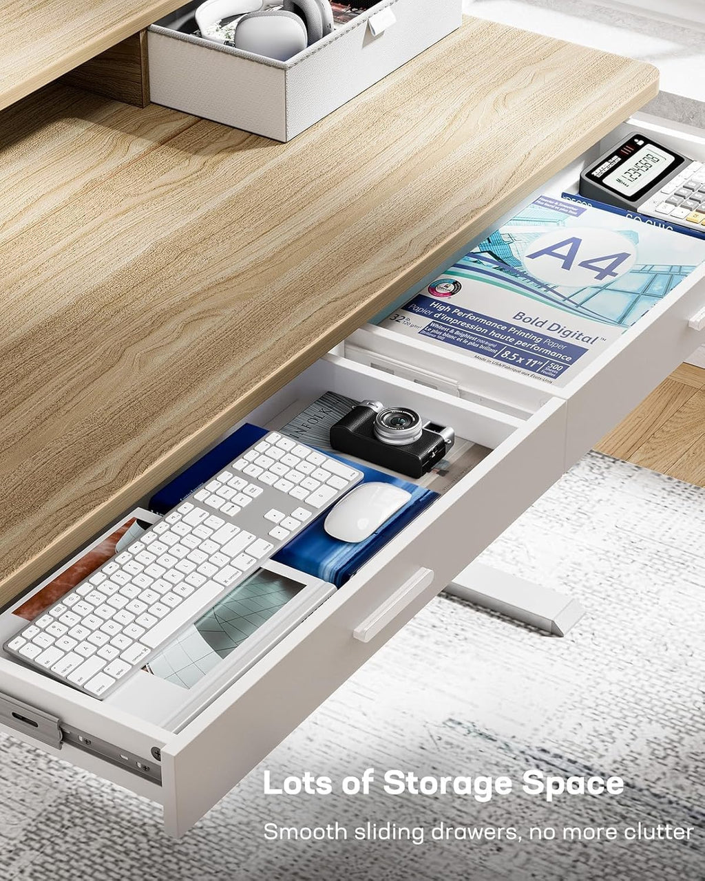 HUANUO 55 x 30 inch Standing Desk with Wood Drawers,Electric Stand up Home Office Desk Adjustable Height with Two Tiers, Natural Ergonomic Stand up Desk with Monitor Stand