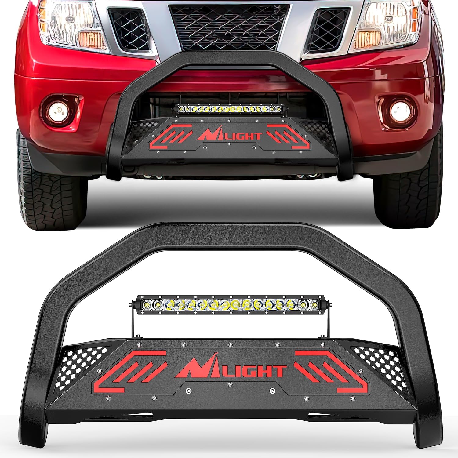 Nilight Bull Bar with Light Compatible with Nissan Frontier 2005-2021 (Tow Hooks Must be Removed) Front Bumper Grille Brush Push Guard with Skid Plate Licence Hole Black