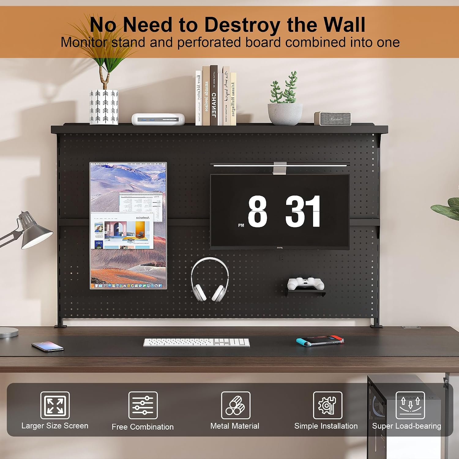 Clamp-On Metal Desk Pegboard with Dual Monitor Stand–No Drilling Needed! 59x35 Inch Steel Privacy Panel with Hooks & Movable Partition, Peg Board Wall Organizer for Gaming & Office