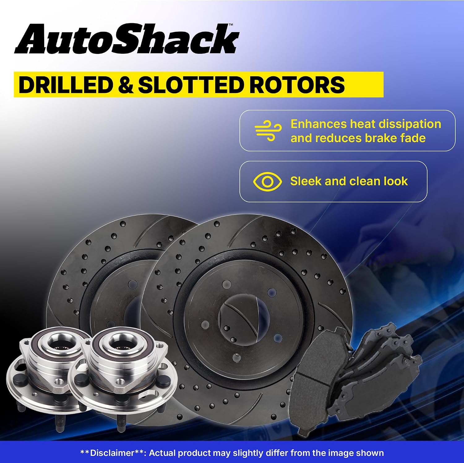 AutoShack Rear Brake Rotors, Premium Pads & Hub Bearing Assemblies for Honda, Civic 2006-2011, FWD L4 1.8L 2.0L - E-Coated Drilled & Slotted - Black Finish - NightGuard - 10.24' (260 mm), 5-Lug