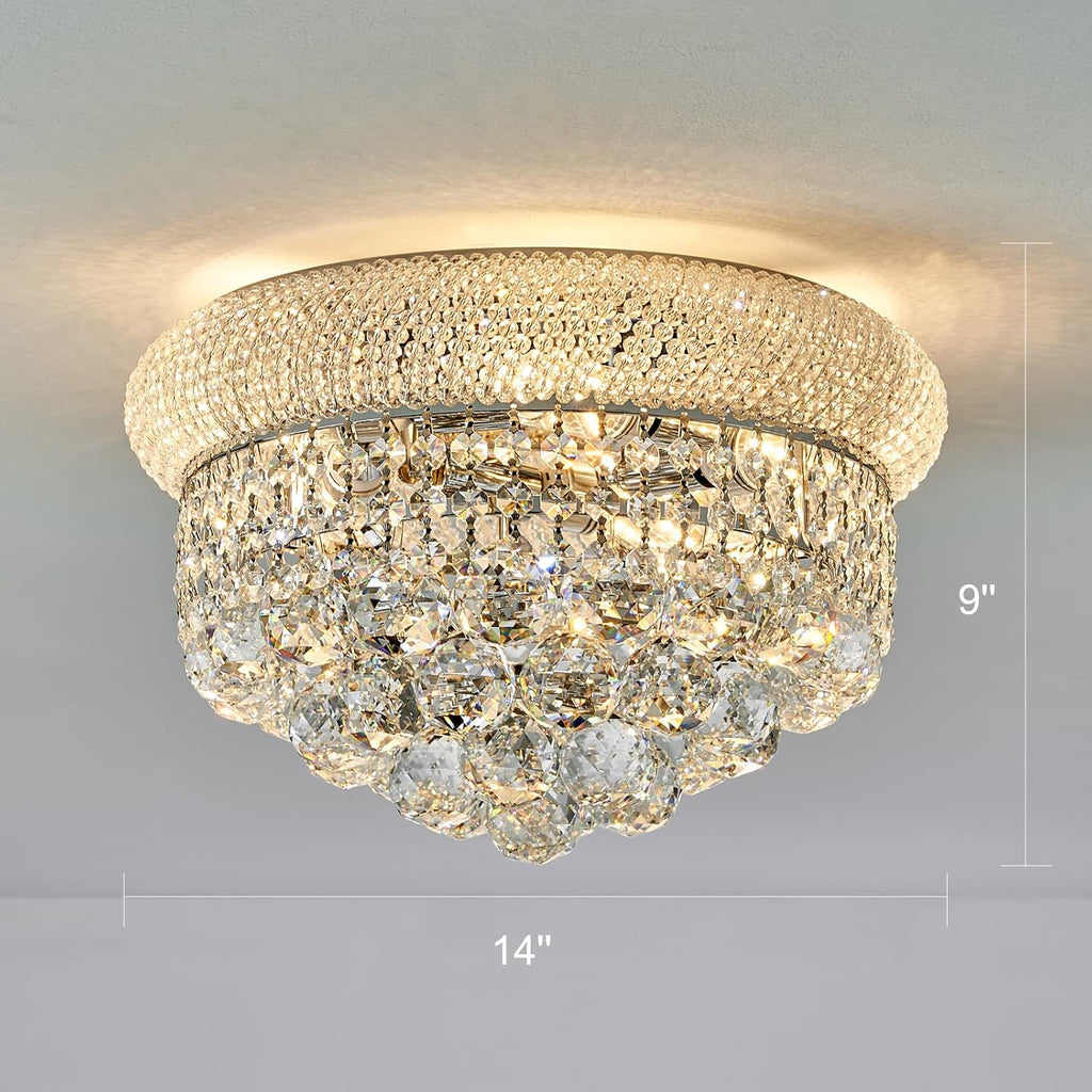 Crystal Flush Mount Chandelier Ceiling Light Fixture for Living Room Dining Room Bedroom Foyer Entryway Hallway Closet Bathroom (Chrome, 9' H x14 D)