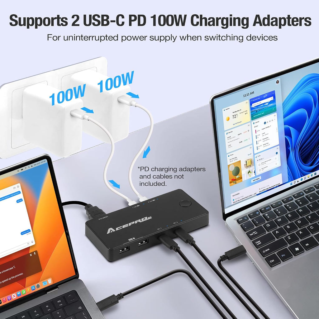 2x1 USB-C 4K60Hz KVM Switch with PD Pass-Through - Selector for 2 Computers Sharing 4K Monitor Keyboard Mouse - Includes 2 Cables for 100W Fast Charging - TAA Compliant