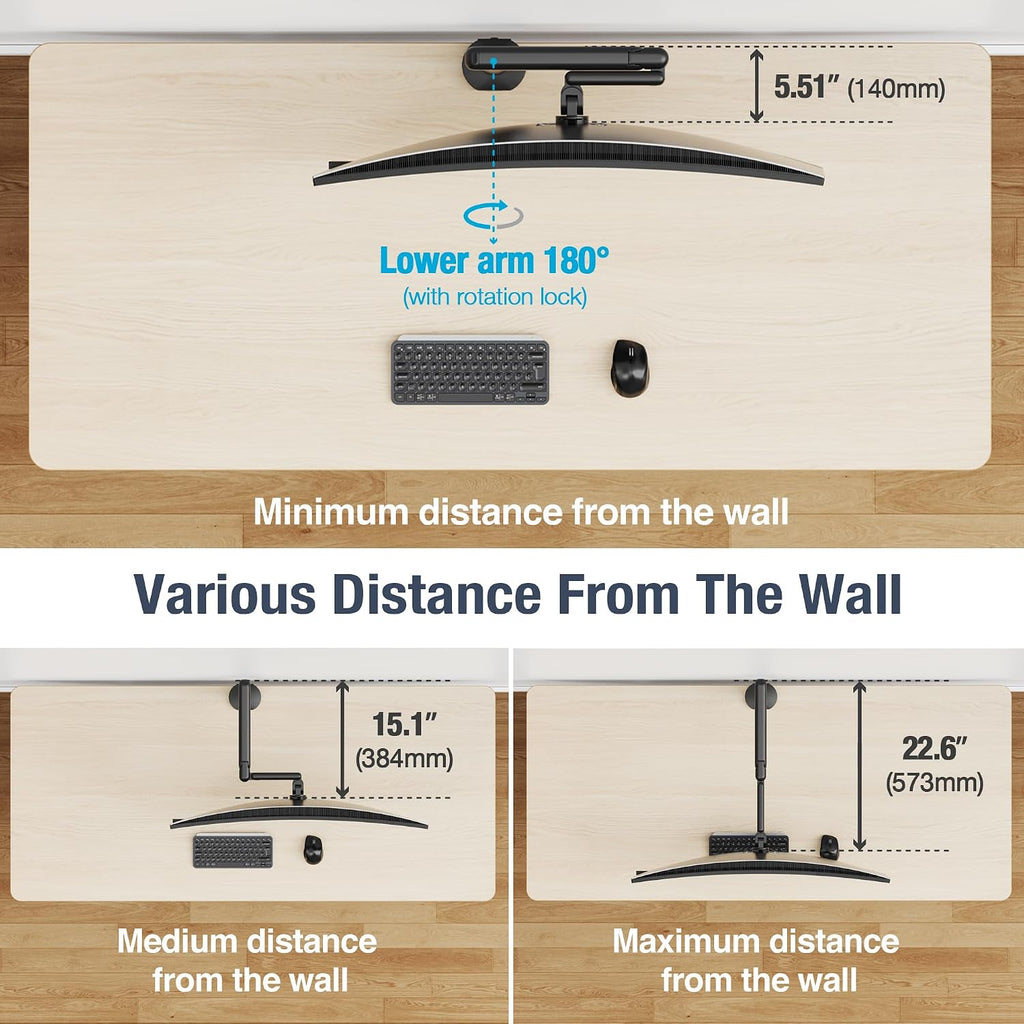 AVLT Single 17'-40' Ultrawide 3-Segment Easel Monitor Arm for Screens Up to 24.3 lbs, Aluminum Designer Stand, Adjustable Pneumatic Height, Full Motion Swivel Tilt Rotation, USB-C&A Ports, Black