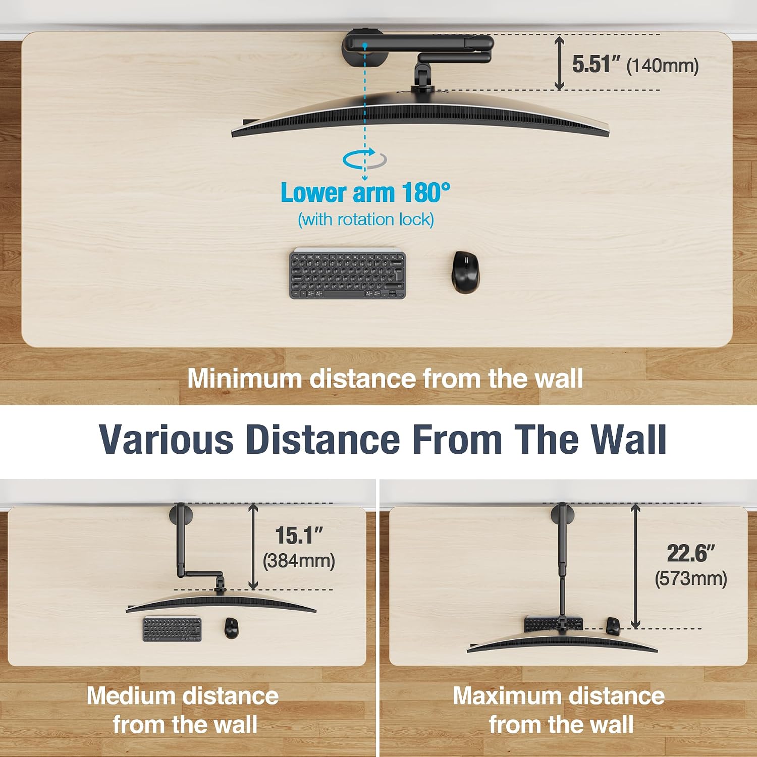 AVLT Single 17'-40' Ultrawide 3-Segment Easel Monitor Arm for Screens Up to 24.3 lbs, Aluminum Designer Stand, Adjustable Pneumatic Height, Full Motion Swivel Tilt Rotation, USB-C&A Ports, Black