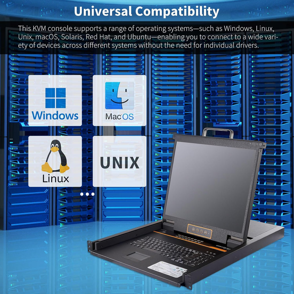 1U Rack Mount KVM Console Built-in 16 Port VGA KVM Switch, 19' Rackmount Monitor, Keyboard and Touchpad,OSD/Hotkey/Button Switching,1280X1024@60Hz, 5:4 Aspect Ratio,Incl. VGA KVM Cables, Fits 19' Rack