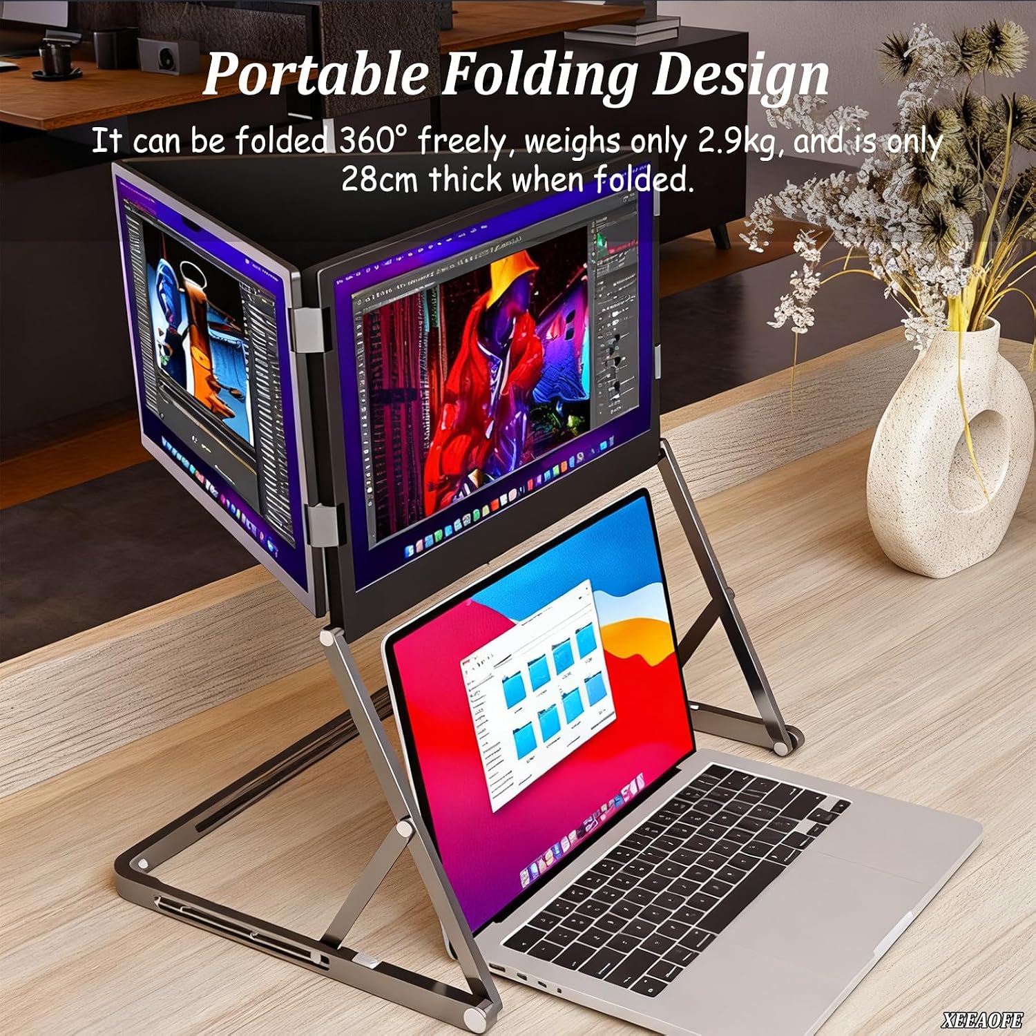 15.6' Triple Screen Extension for Laptop, Full HD 1080p Display, FHD Portable Tri-Fold Monitor, Compatible with Windows and Mac