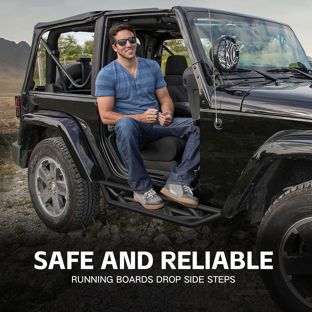 Running Boards Compatible with 2007-2018 Jeep Wrangler JK 2 Doors, Drop Side Steps, Heavy-Duty Steel Nerf Bars Step Plates Off-Road Rock Sliders Rails