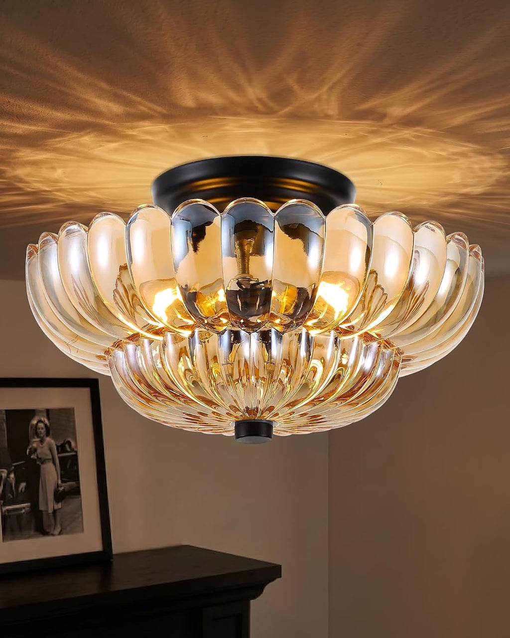 Semi Flush Mount Ceiling Light Fixture 14 inch Vinatge Black Ceiling Lights Mid Century Modern Glass Close to Ceiling Lighting Fixtures for Bedroom Hallway Foyer Bathroom Kitchen Laundry Room Nursery