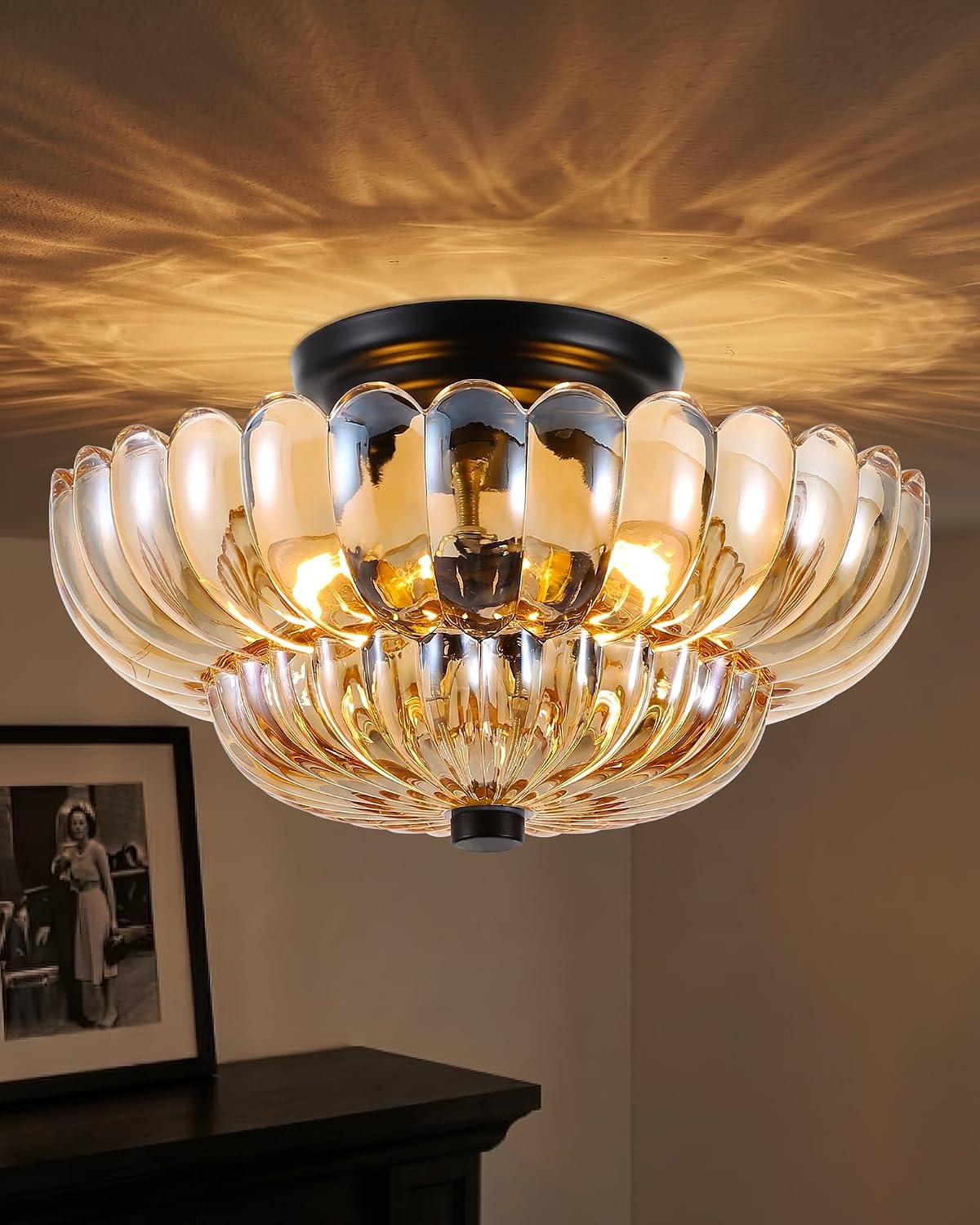 Semi Flush Mount Ceiling Light Fixture 14 inch Vinatge Black Ceiling Lights Mid Century Modern Glass Close to Ceiling Lighting Fixtures for Bedroom Hallway Foyer Bathroom Kitchen Laundry Room Nursery