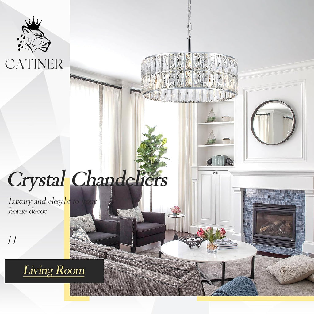 CATINER Modern Crystal Chandelier 18'Chrome Semi Flush Mount Ceiling Light Fixtures 6-Lights Drum Crystal Pendant Lighting for Dining Room Foyer Bedroom Living Room