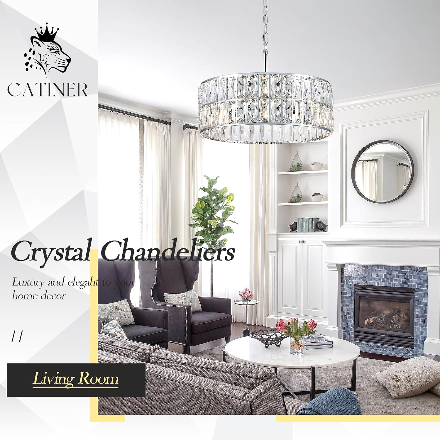 CATINER Modern Crystal Chandelier 18'Chrome Semi Flush Mount Ceiling Light Fixtures 6-Lights Drum Crystal Pendant Lighting for Dining Room Foyer Bedroom Living Room