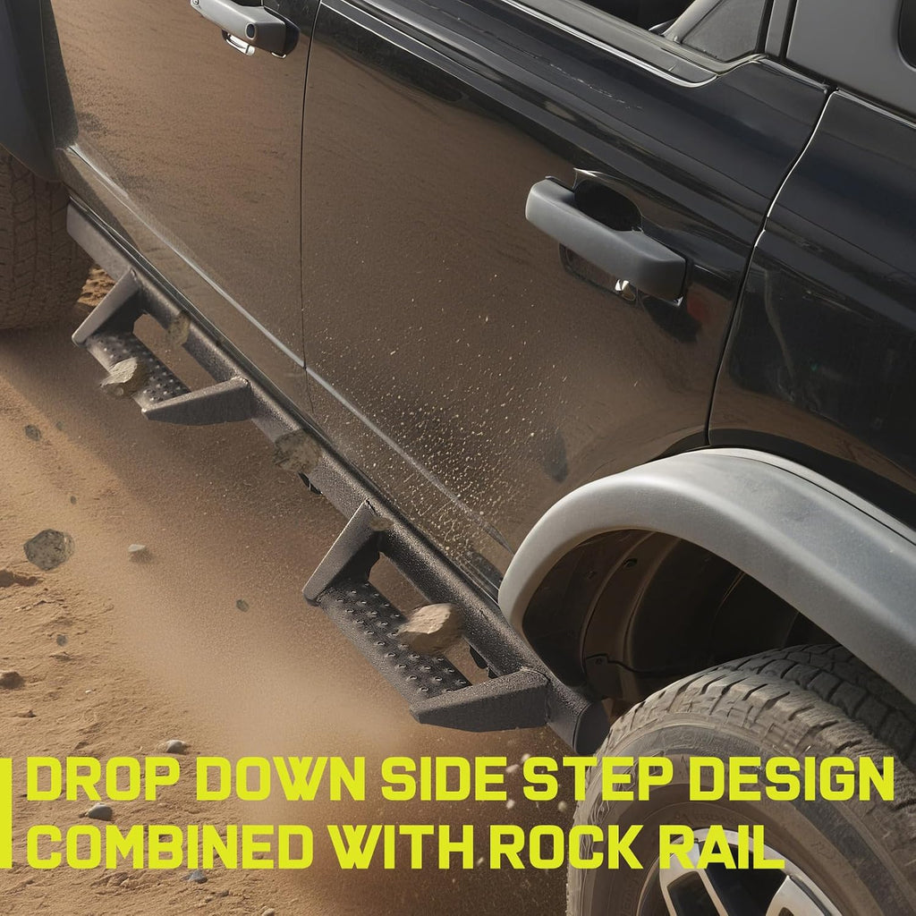 BINARY STAR Running Boards Compatible with 2021-2026 Ford Bronco 4 Door SUV (Do not fit Bronco Sport Model), Rock Rails Sliders Drop Down Side Steps, 4 Inch Black Step Bars Side Step.