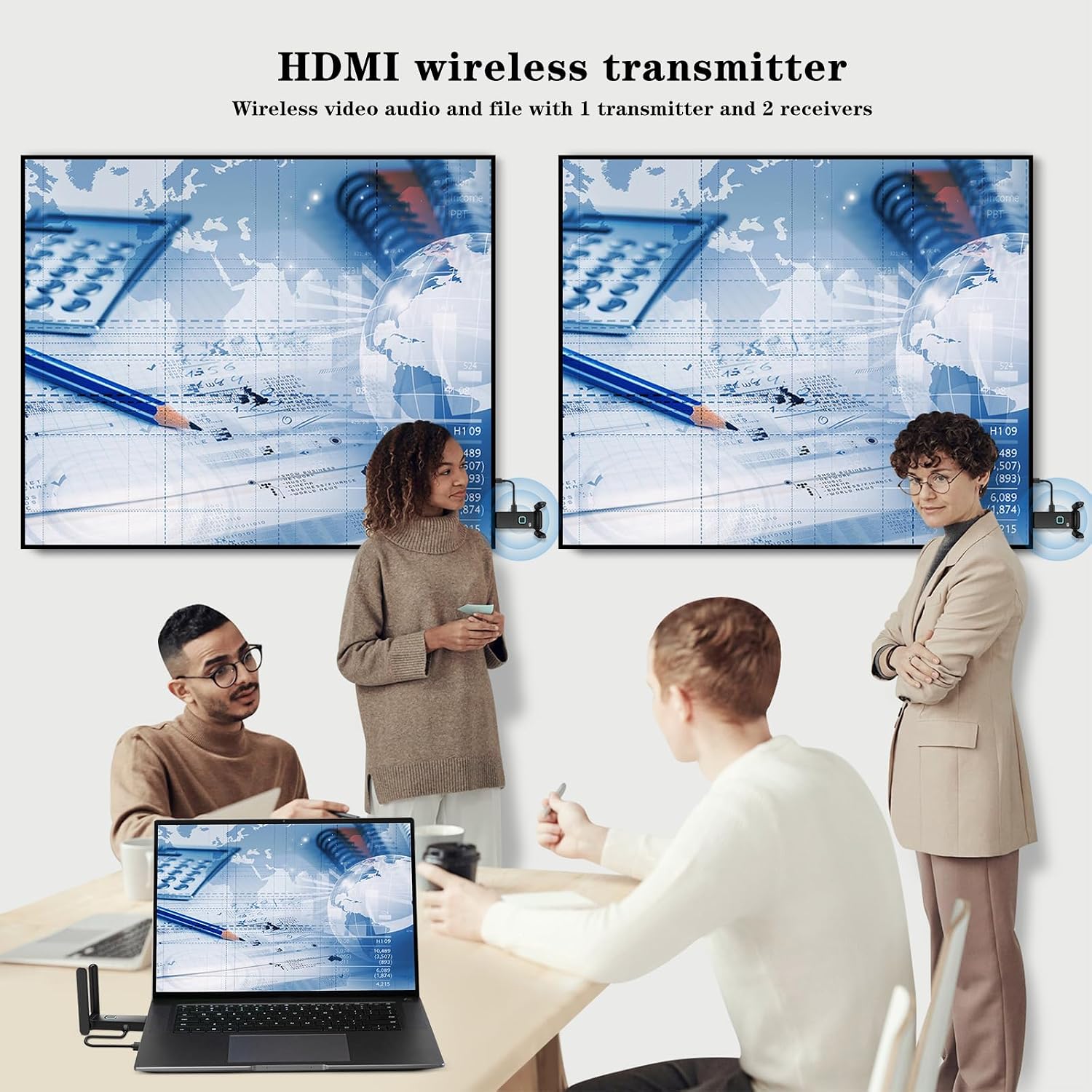 Wireless HDMI 2 Receivers and Transmitter,Up to 6 RXs,No Hot,Plug and Play,2.4/5.8GHz Wirelessly Stream to Multiple Screen,50M/165FT,Wireless HDMI Adapter for TV/DSLR Camera/Projector/Laptop
