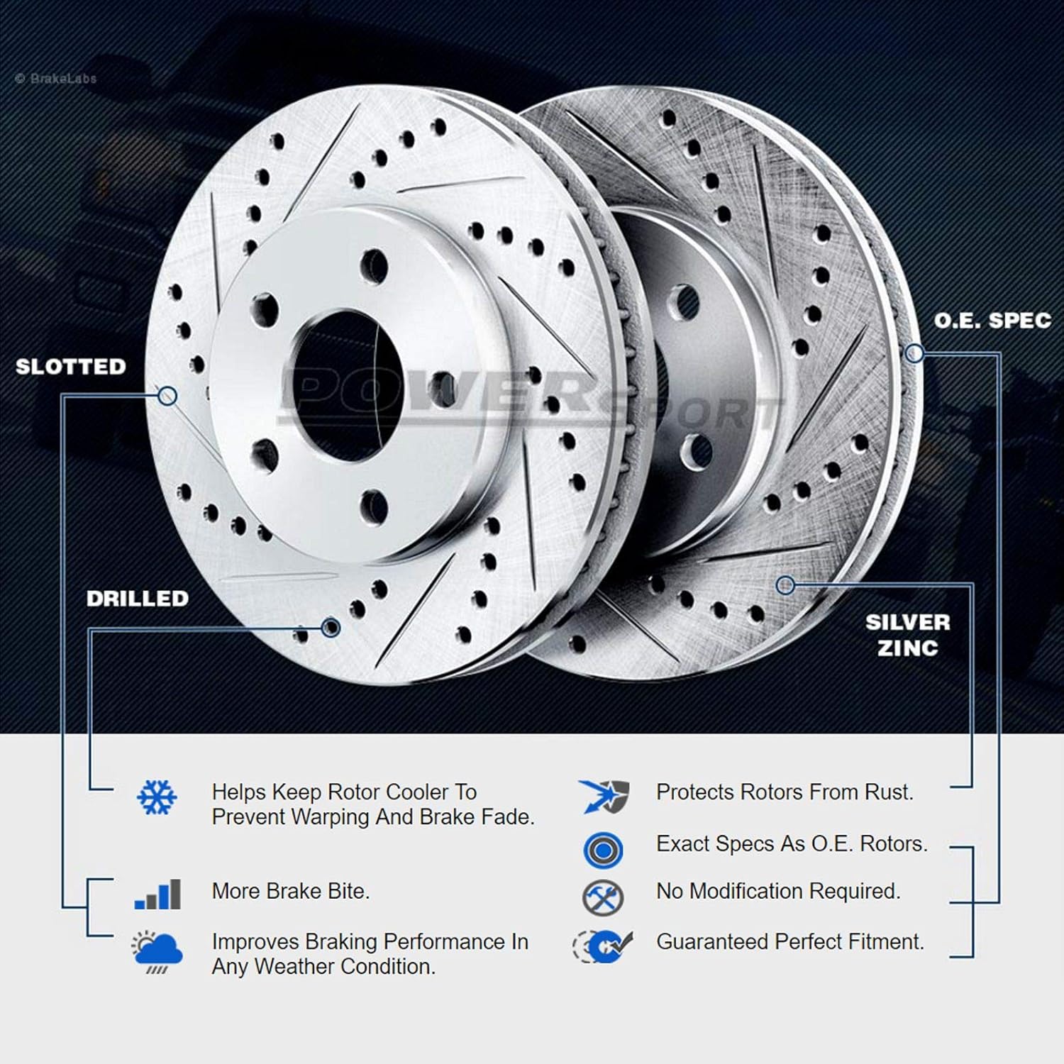 Power Sport Front Brake Kit For 1995-2004 Toyota Tacoma| Drilled Slotted Brake Rotors| Ceramic Brake Pads and Rotors Kit