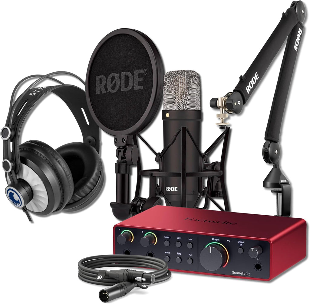 Rode NT1 Signature Black Condenser Microphone Bundle with PSA1+ Studio Boom Arm, Focusrite Scarlett 2i2 (4G), and Cans50 Headphones — 4 dBA XLR Studio Mic for Singing, Vocal Recording, Voice Over