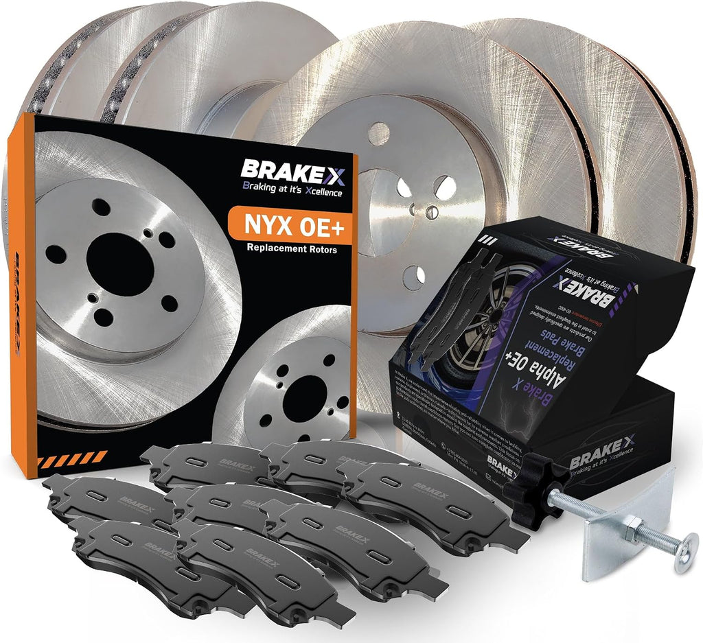 Brake X Front and Rear Brake Pads and Rotors Kit with brake caliper compression tool replacement for 2006-2011 HONDA CIVIC | NYX OE+ Rotors and Alpha Ceramic Brake Pads