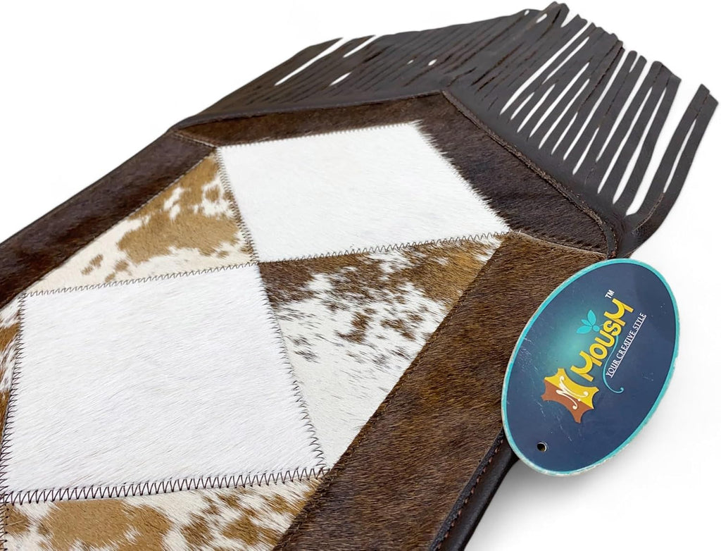 Leather Cow Hide Table Runner 12 x 72 inches Long Decorated with Brown and White Laser Cut Diamond Shape Patch in Between - Black Fringe at Both Corners