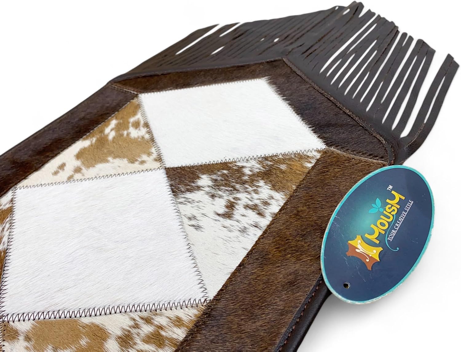 Leather Cow Hide Table Runner 12 x 72 inches Long Decorated with Brown and White Laser Cut Diamond Shape Patch in Between - Black Fringe at Both Corners