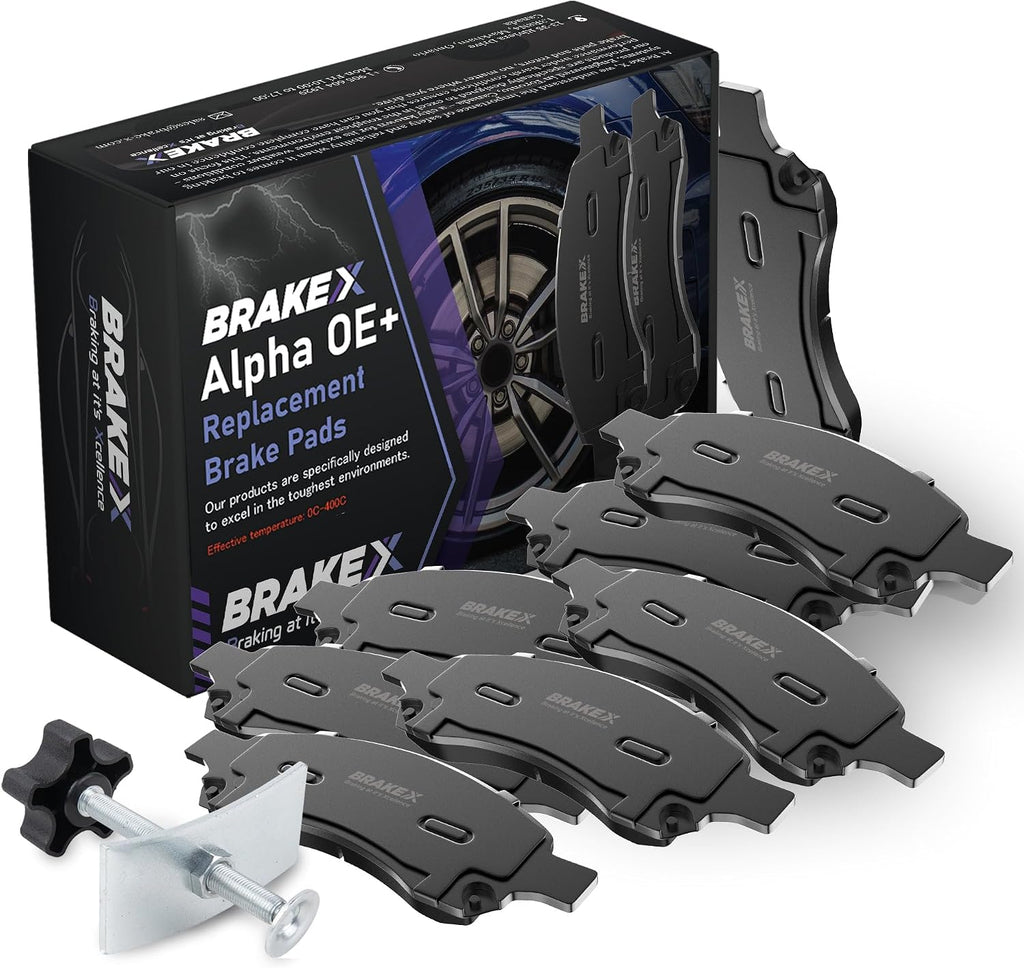 Brake X Replacement Brake Pads Kit with brake caliper compression tool replacement for 2007-2011 HONDA CIVIC | Alpha OE+ Replacement Ceramic Brake Pads [Front and Rear]