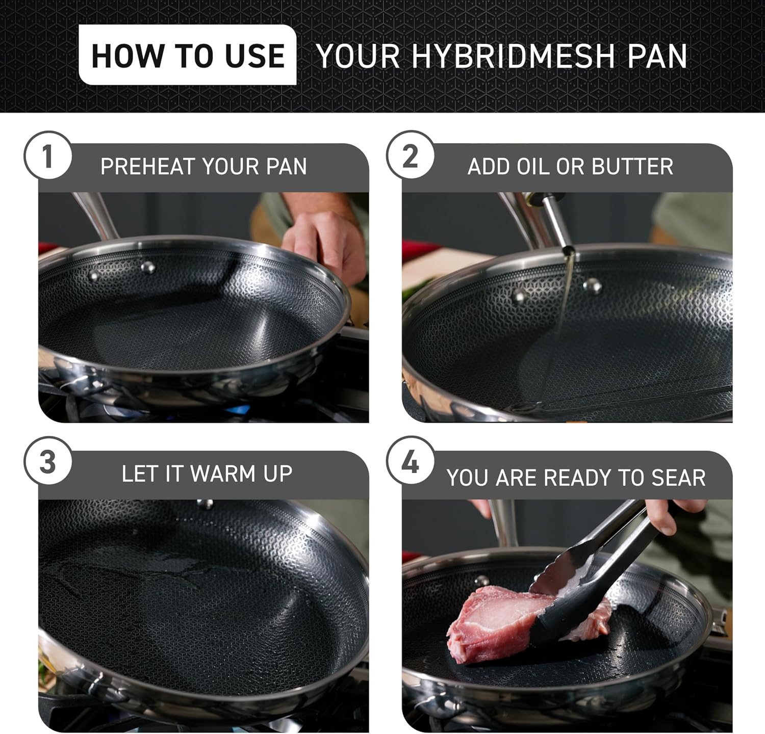 T-fal HybridMesh Tri-Ply Stainless Steel 3 Piece Frypan Cookware Set, 8, 10.25, 12 Inch, Induction Oven Safe 500F, Metal Utensil Safe, Pots and Pans, Dishwasher Safe, Needs Pre-Heating, Silver/Black