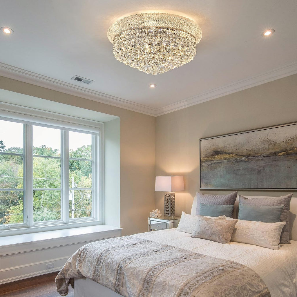 9 - Light Flush Mount Crystal Chandelier for Living Room Dining Room Entryway Hallway Bedroom Foyer Chrome Finish