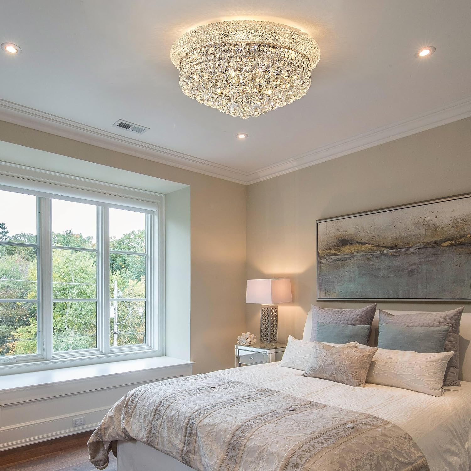 9 - Light Flush Mount Crystal Chandelier for Living Room Dining Room Entryway Hallway Bedroom Foyer Chrome Finish