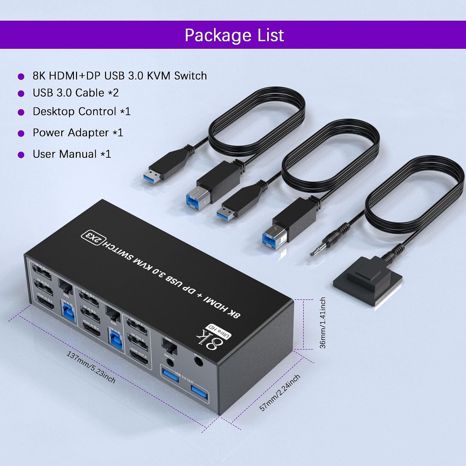 8K 60Hz KVM Switch 3 Monitors 2 Computers Share 1000Mbps Ethernet, Displayport + HDMI USB3.0KVM Switch Triple Monitor with Audio(with US Plug)