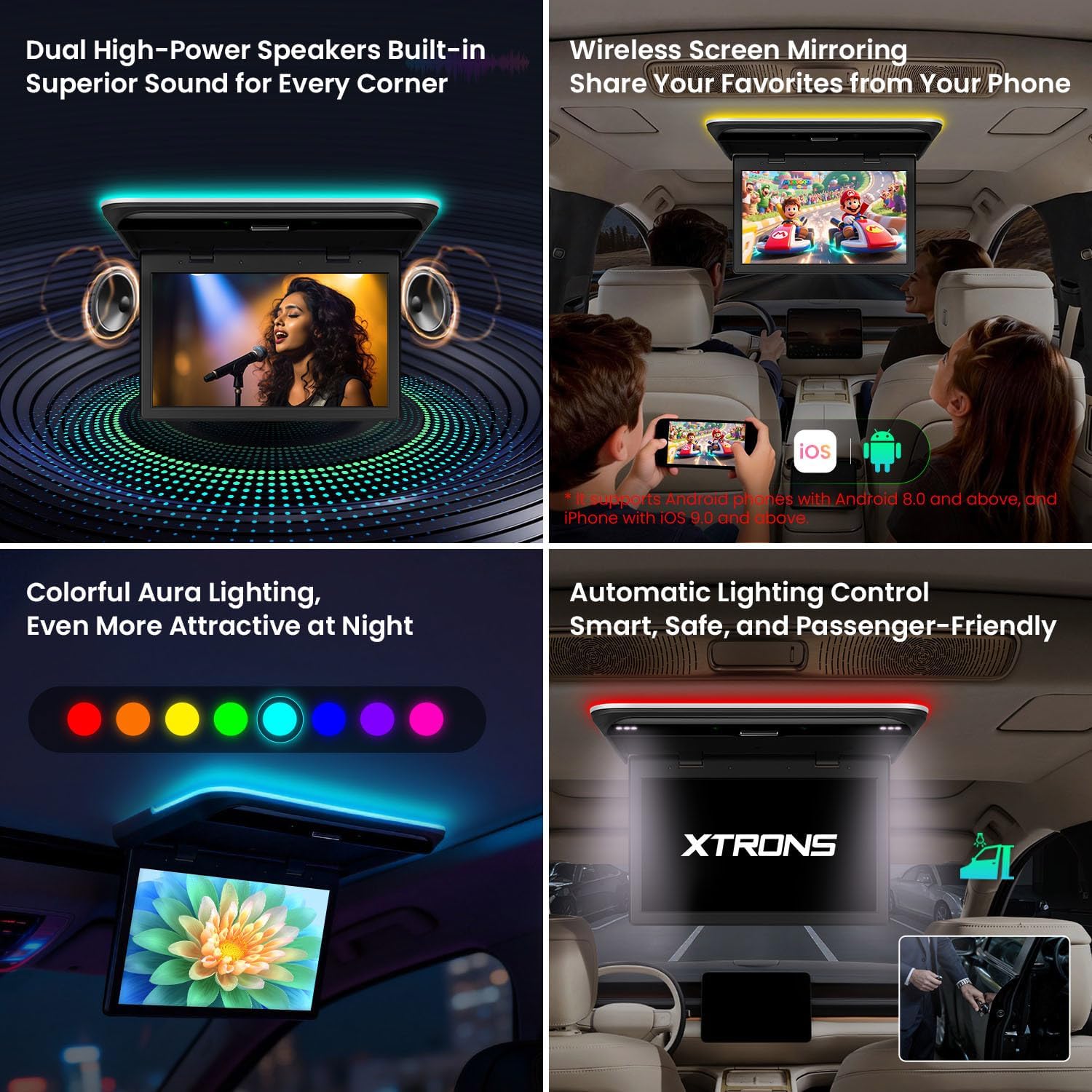 XTRONS 15.6' Android Car Overhead Player, 1366x768 HD Flip Down Roof Mount Monitor with Built-in Speaker, WiFi, Bluetooth, Supports HDMI USB Input, Screen Mirroring (2+32GB)