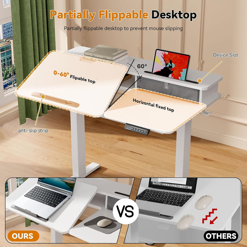 White Standing Desk，60° Tiltable Height Adjustable Electric Rising Desk，40Inch Foldable Mobile Laptop Table with Shelf,Monitor Stand, Drawer ,Flippable Drafting Workstation on Wheels for Kids' Drawing