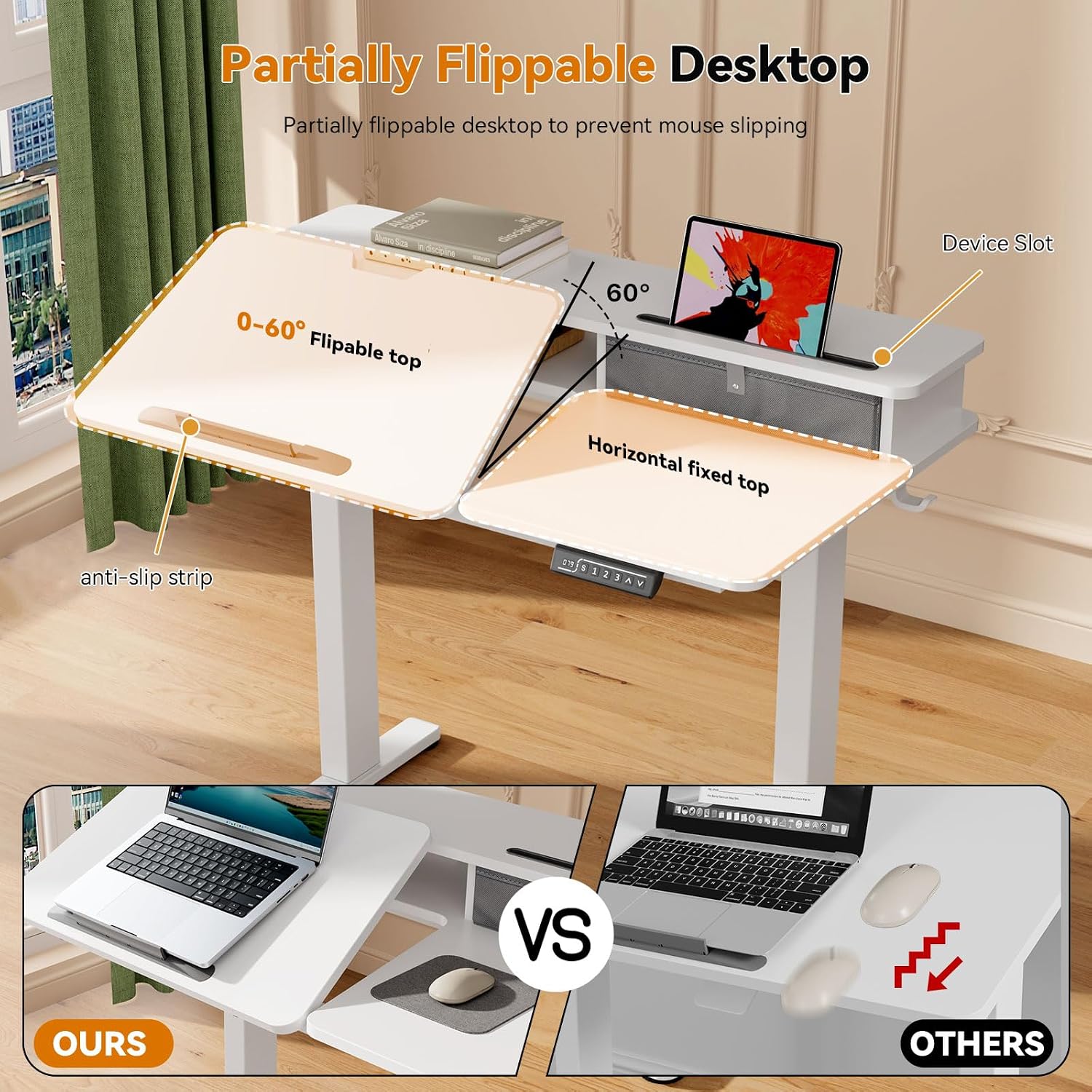 White Standing Desk，60° Tiltable Height Adjustable Electric Rising Desk，40Inch Foldable Mobile Laptop Table with Shelf,Monitor Stand, Drawer ,Flippable Drafting Workstation on Wheels for Kids' Drawing
