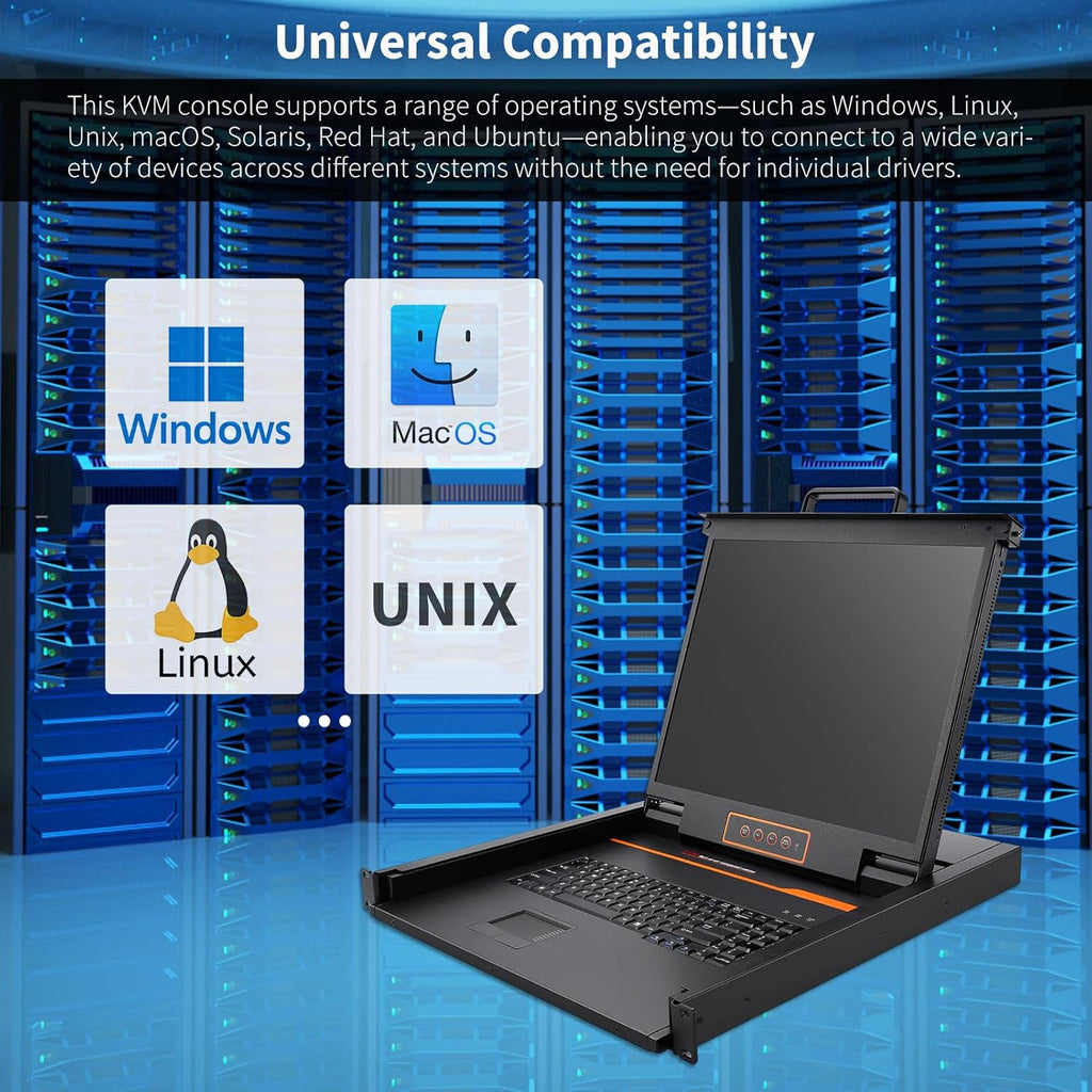 1U Rack Mount KVM Console-19'' Rackmount Monitor Keyboard and Single Port HDMI KVM, 50,000 MTBF,1280X1024 60Hz,17.6×19.9×1.67 Inches(WXDXH),Fit 1U 19'' Rack, 1 USB HDMI Cable,1 Power Cord, 4 Brackets