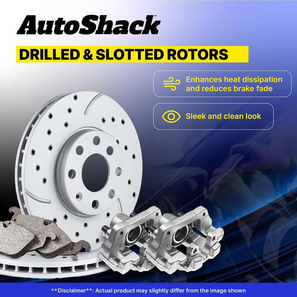 AutoShack Front Brake Rotors, Premium Pads & Calipers for Honda, Civic 2006-2011, FWD L4 1.8L - Coated Drilled & Slotted - Silver Matte Finish - TurboGuard - 10.31' (261.9 mm), 5-Lug