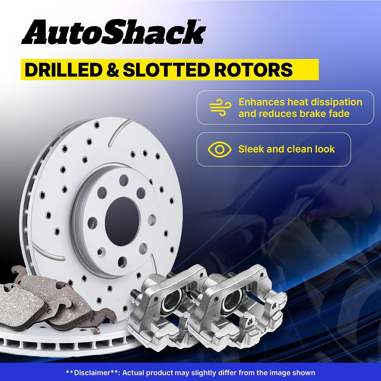 AutoShack Front Brake Rotors, Premium Pads & Calipers for Honda, Civic 2006-2011, FWD L4 1.8L - Coated Drilled & Slotted - Silver Matte Finish - TurboGuard - 10.31' (261.9 mm), 5-Lug