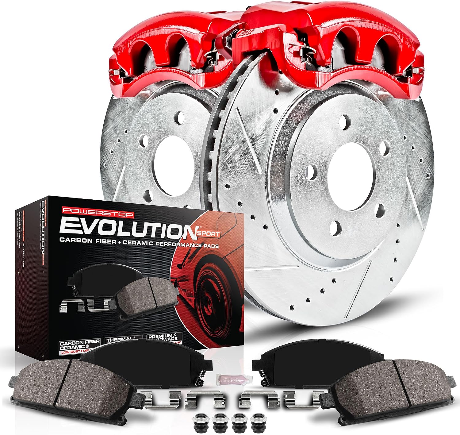 PowerStop Front Brake & Caliper Kit for Honda Civic 2006-11 - Carbon-Fiber Ceramic Brake Pads + Drilled & Slotted Rotors + Red Powder Coated Calipers, KC2384